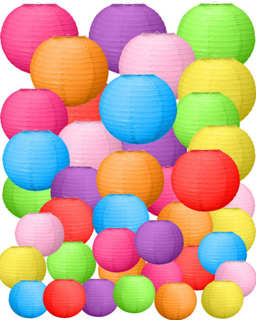 Inspired Noguchi Style Paper Lanterns Bulk, 5 Sizes, Round Chinese Lamp, Colorful, 80 Pcs