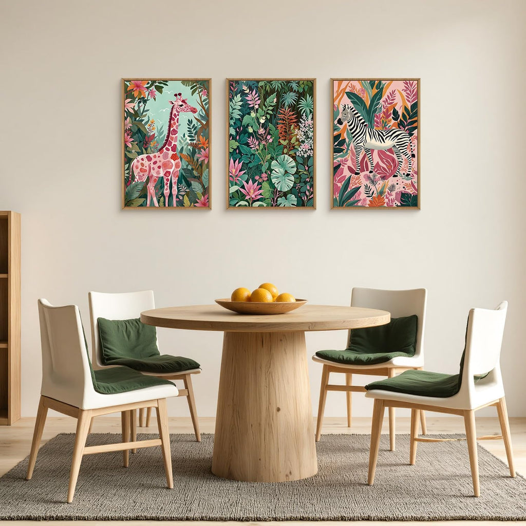 Spring Boho Sage Green Pink Giraffe Zebra Jungle Framed Canvas Wall Art Set,Natural Safari Tropical Wildlife Wall
