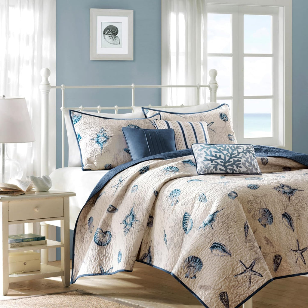 Quilt Set Cottage Coastal Design, Starfish Print - All Season, Coverlet Bedspread Lightweight Bedding Layer, Shams