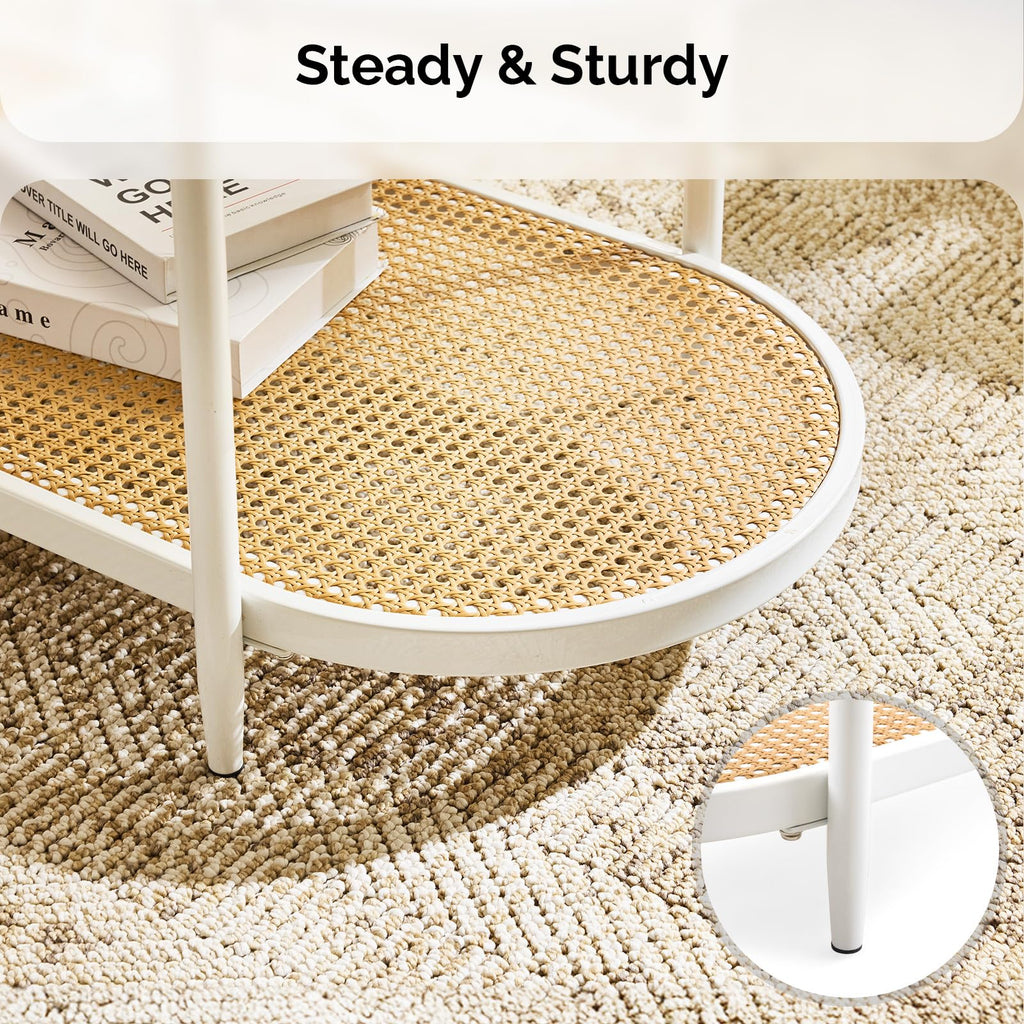 38" Glass Coffee Table Oval, Rattan Coffee Table, White