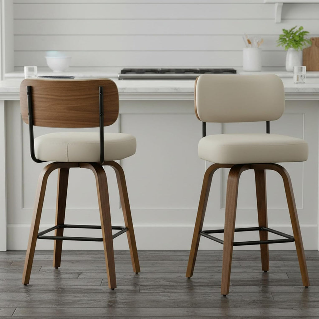 Swivel Bar Stools Set of 3, 26" Upholstered Counter Height Bar Stools with Back and Walnut Wood Legs, Faux Leather