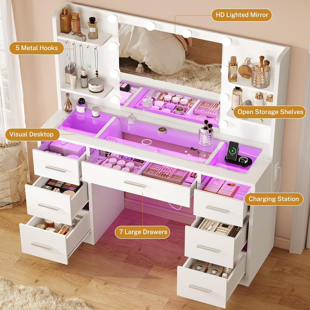 Makeup Vanity Desk with Mirror and Lights, White Vanity with Glass Top, 3 Colors LED Lights & Power Outlet, Vanity