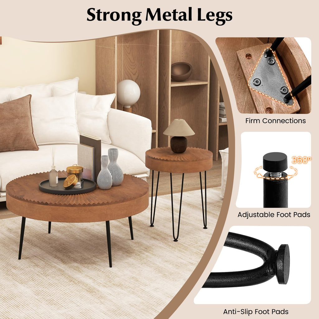 Boho Round Coffee Set of 2, Sofa Side Nesting with Solid Pine Wood Top, Metal Legs & Adjustable Foot Pads, 31.5" D