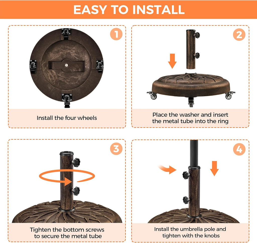 55lbs Heavy Duty Round Umbrella Base with 4 Lockable Rolling Wheels & 2 knobs, Outdoor Antiqued Umbrella Stand