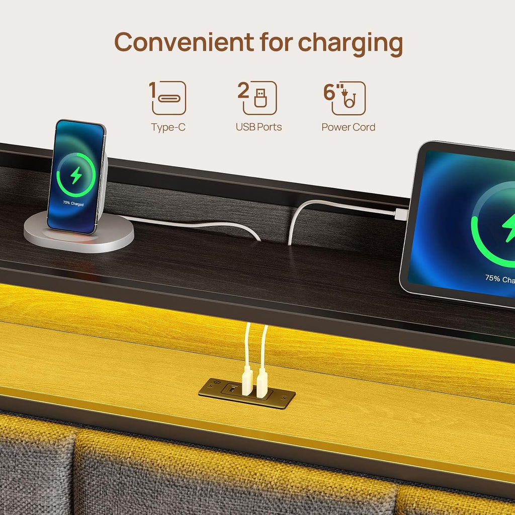 Bed Frame Full with Charging Station and LED Lights, Upholstered Storage Headboard with Drawers