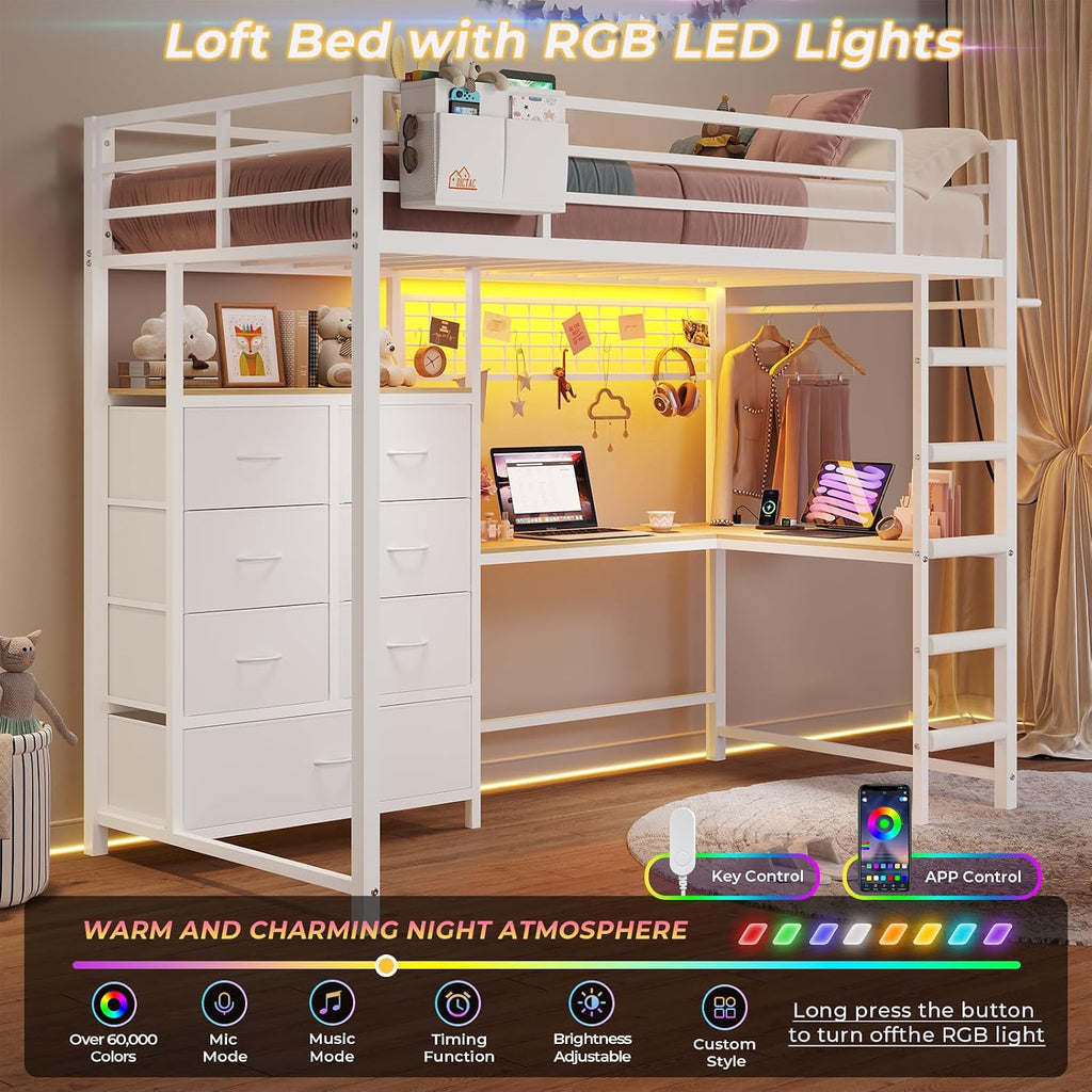 Twin Loft Bed with L-Shaped Desk and 7 Storage Drawers,Metal Twin Loft Bed for Kids with LED Lights and Charging