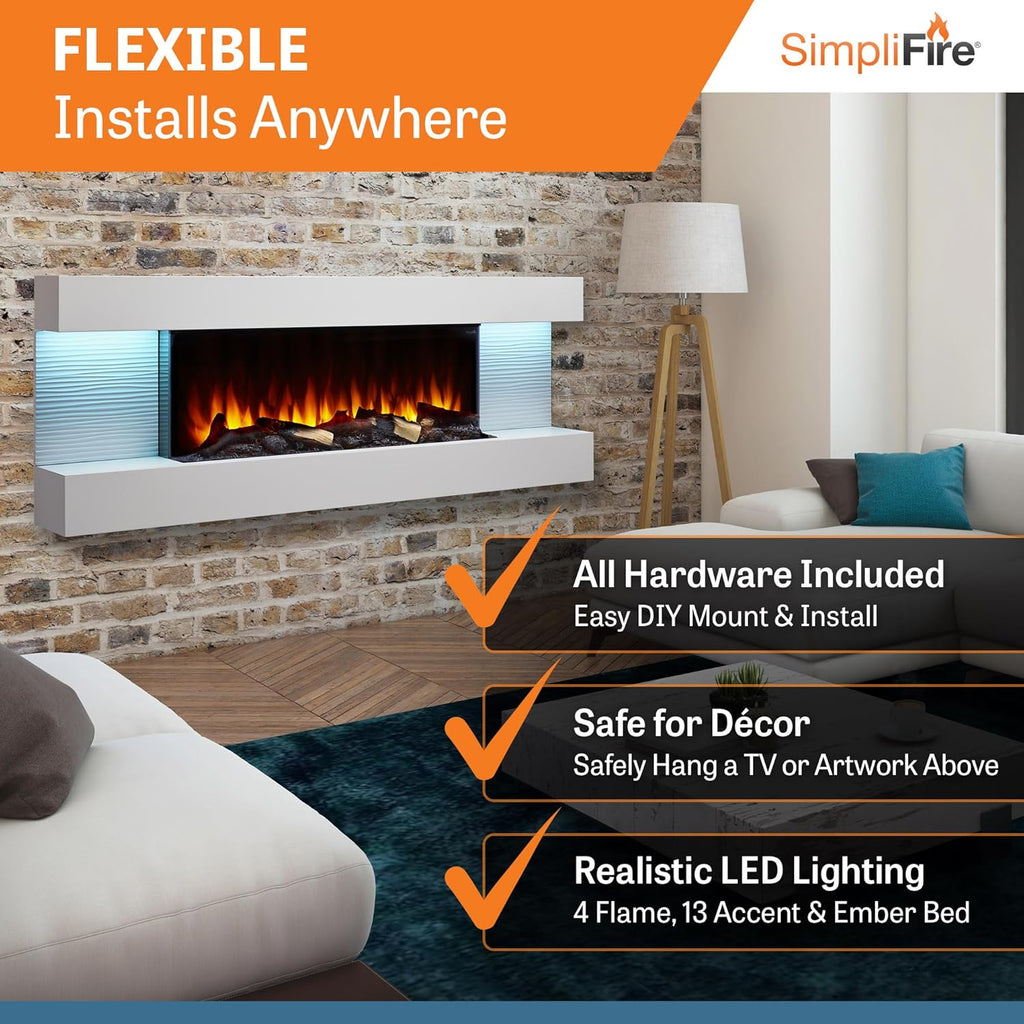 36-Inch Wall Mount Electric Fireplace with 60-Inch Floating Mantel (SF-FORMAT36-SF-FM60-WH)