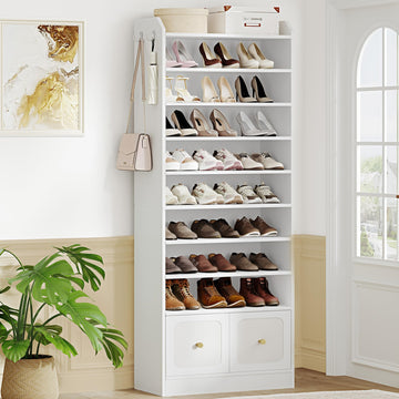 Shoe Storage Cabinet, 10 Tiers Shoe Cabinet with 2 Cloth Drawers, Wooden Freestanding Shoes Organizer with 2 Hooks