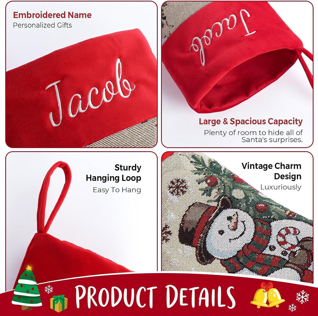 With Embroidered Name,Soft Velvet Cuff with Snowman Jacquard Design Xmas Stockings,18Inches Vintage Stocking