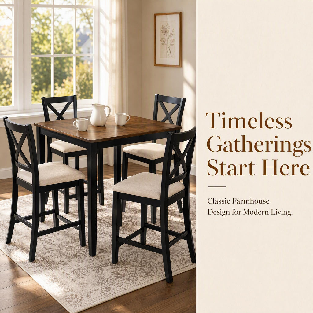 5 Piece Counter Height Dining Table Set, Kitchen Dining Set, Black