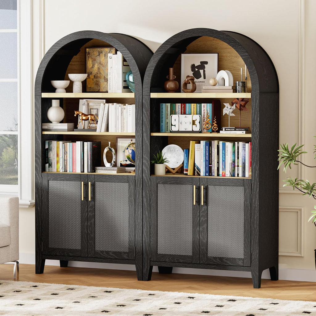 63" Arched Storage Cabinet, 5-Tier Arched Bookshelf, Black & Rattan | Wood Storage Cabinet with Adjustable Shelvess