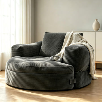 63''Round Chaise Lounge Chair with Footstool, Plush Seating(Grey)