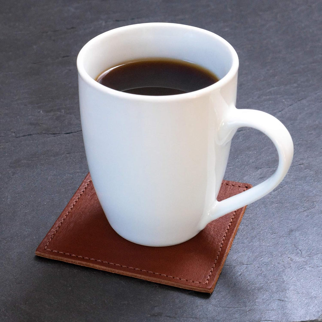 American Made Leather Coasters - Premium Full Grain Leather, Double Layered Square Rustic Brown Coaster Set, 4"x4" - Set of 4