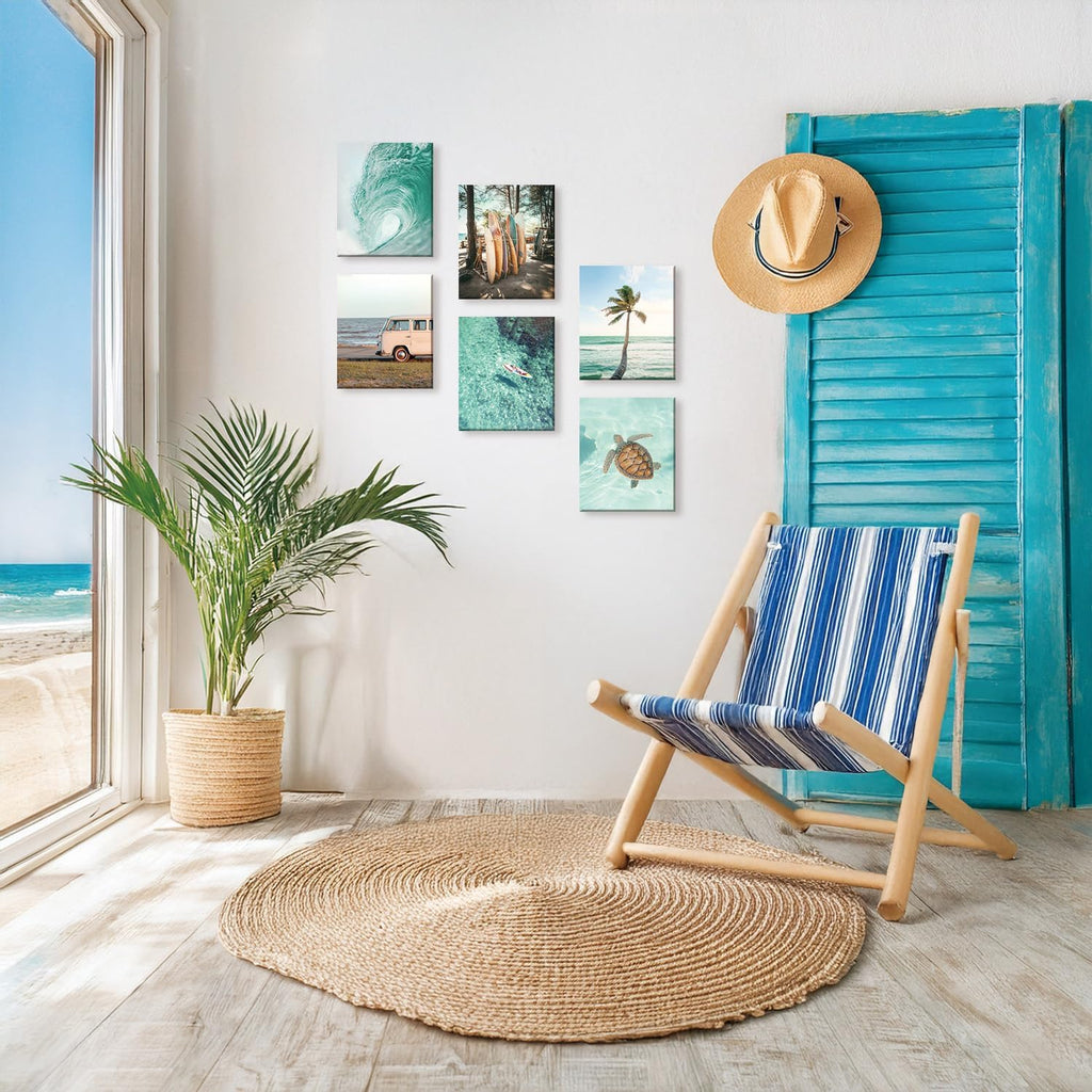 Beach Canvas Wall Art, Tropical Summer Ocean Coastal Posters, Set Of 6 Piece (8x10inch,Framed) Preppy Gallery Beachy