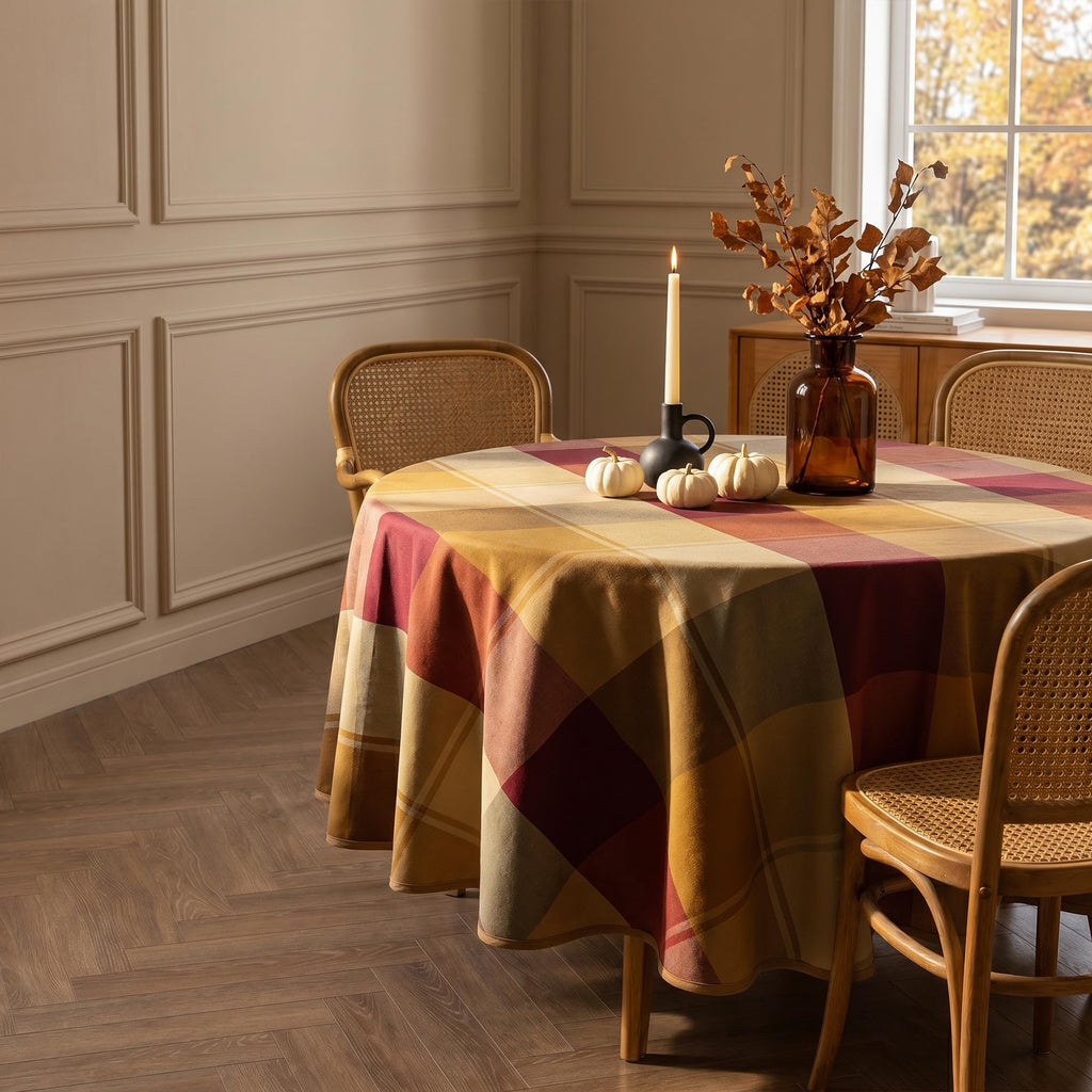 60" Round Polyester Plaid Tablecloth for Thanksgiving