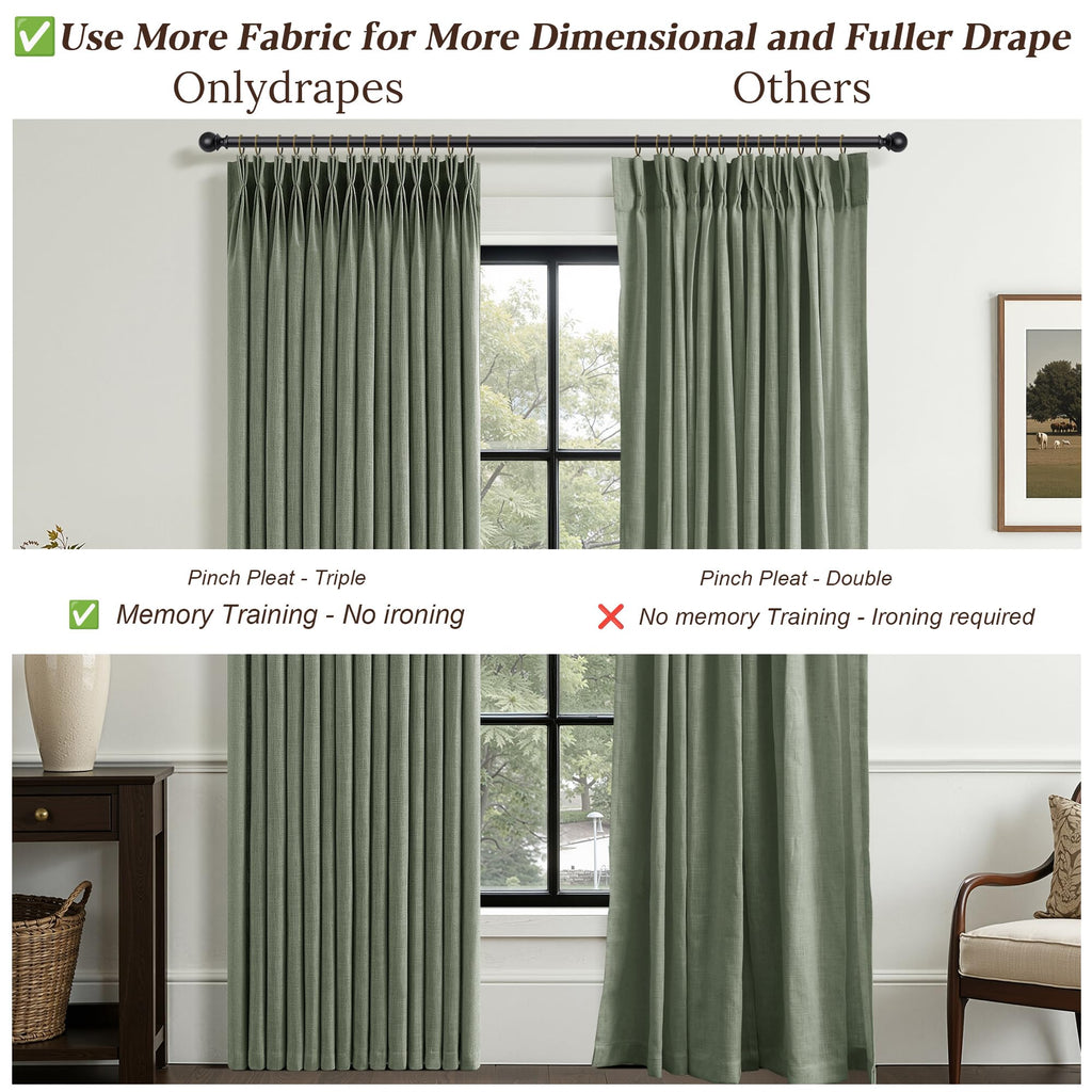 90 Inch Triple Pinch Pleated Linen Curtains 2 Panel Set Sage Green Linen Textured Drapes 90 Inches Long Pinch Pleat