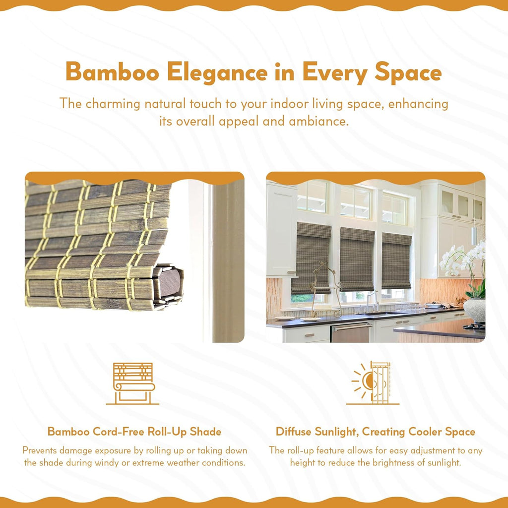 Cordless Bamboo Blinds - Flatstick Bamboo Roman Shades for Interior Windows - Roll Up Woven Shades with Valance