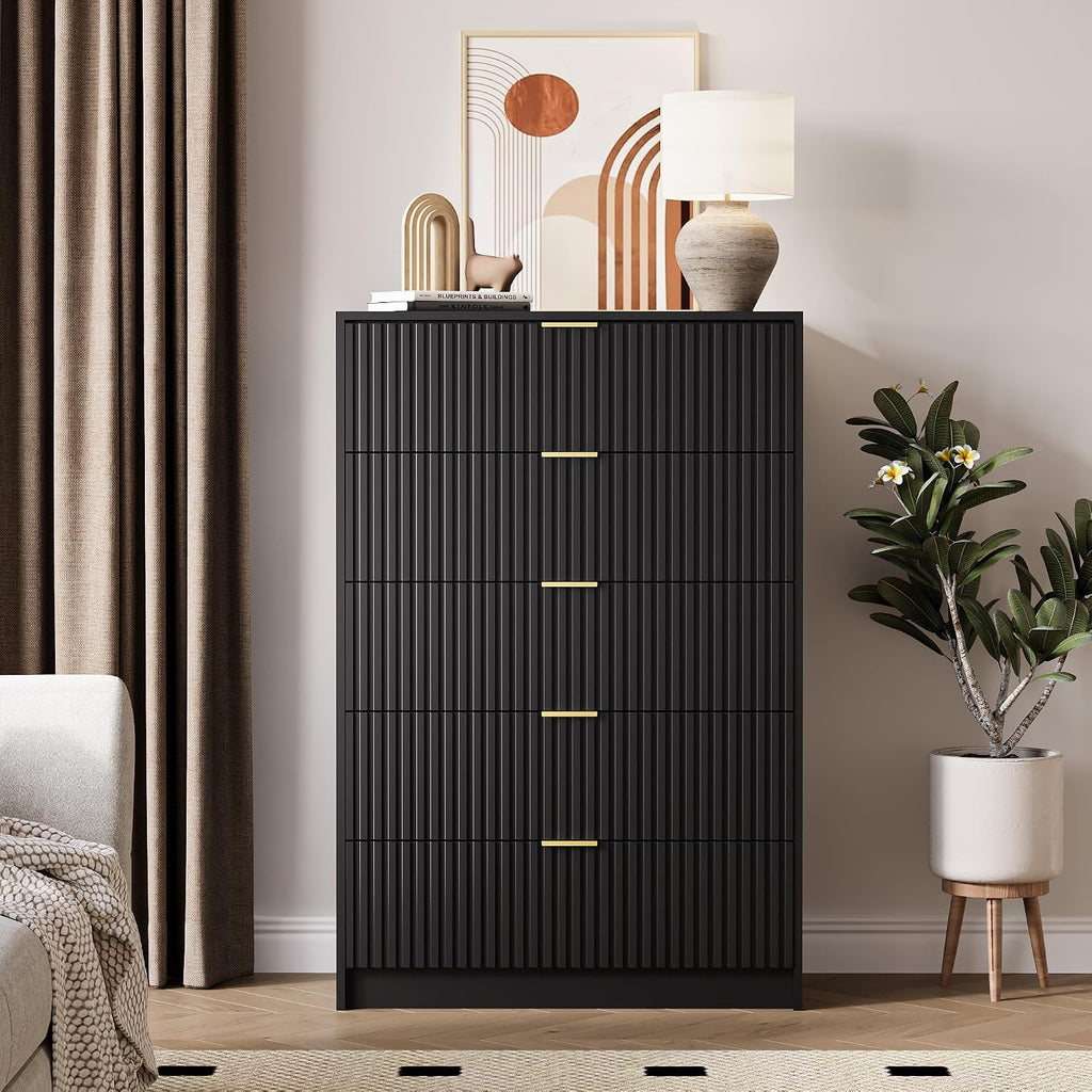 5 Drawer Dresser , Tall Dresser Chest of Drawers with Gold Handles, 32 Inch Wide Nightstand with s, Offices, and