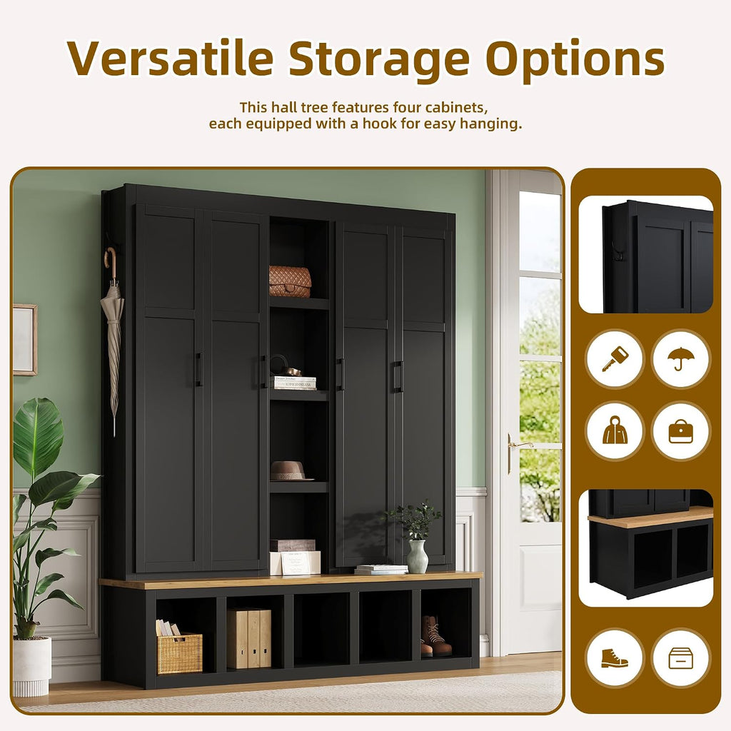 Modern Farmhouse Hall Tree with Bench, 4-in-1 Entryway Storage Cabinet & Shoe Organizer with Hooks, Black