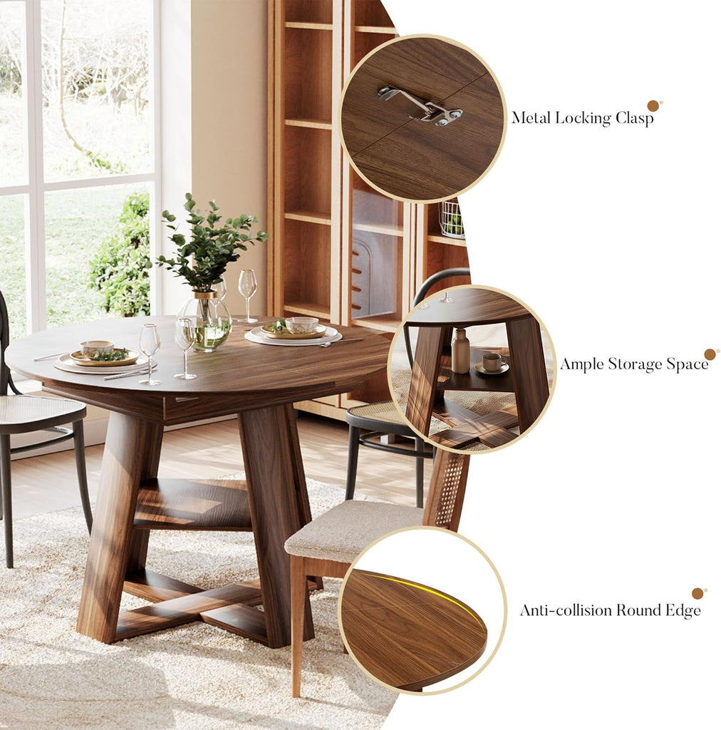43.3in-59in Extendable Round Dining Table for 4-8 People, Modern Oval Kitchen Table with Storage Shelf & Removable