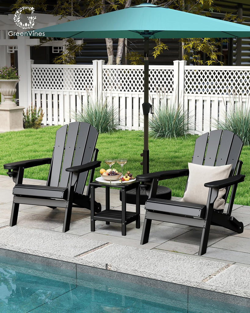 Folding-Adirondack-Chairs Set of 2, HDPE All Weather, Black | Hidden Cup Holder | 5" Wide Armrests | Foldable Fire