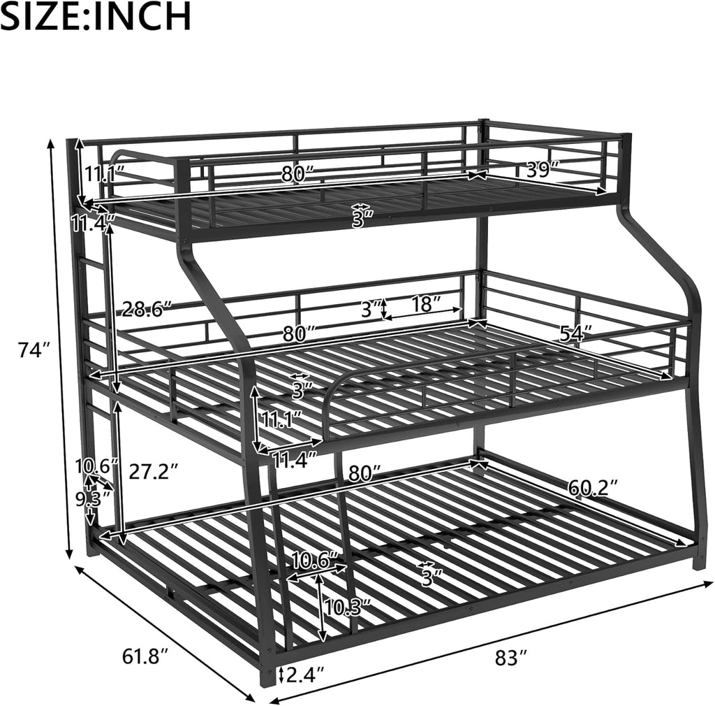 Heavy Duty Triple Bunk Bed for Multiple Kids,Twin XL Over Full XL Over Queen Triple Bunk Bed with Long and Short