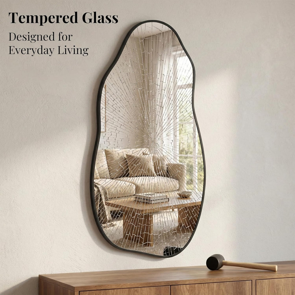Irregular Wall Mirror 30"x16.5", Small Asymmetrical Mirror for Wall Decor, Matte Black Rust Proof Aluminum, Tempered