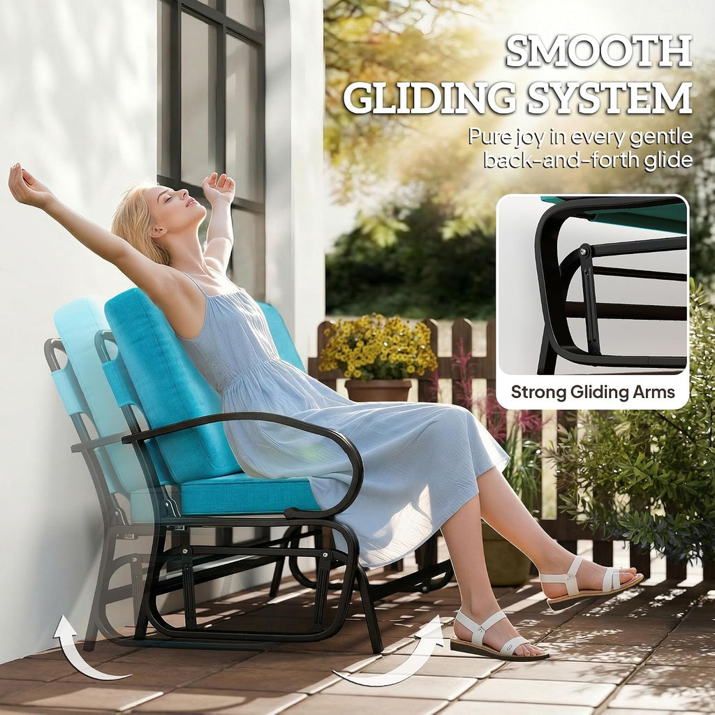 Outdoor Glider Bench 2-Person Patio Rocker Tufted Cushions Blue | Loveseat, Steel Frame, Porch, Garden Backyard