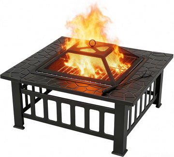32 inch Outdoor Fire Pit with Grill for Outside Wood Burning, Square Metal Outside Fireplaces