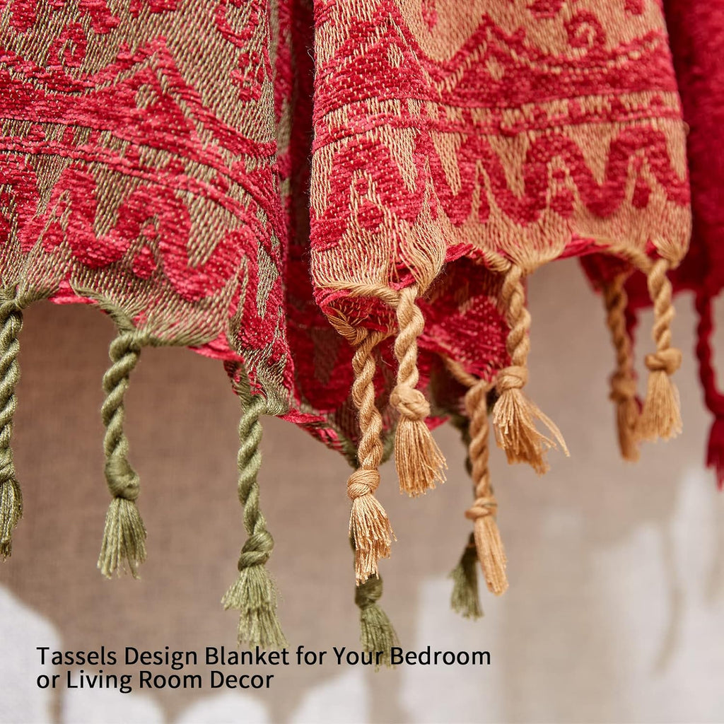 Bohemian Throw Blankets Chenille Jacquard Tassels Soft Chair Cover, 60x75 Inches)
