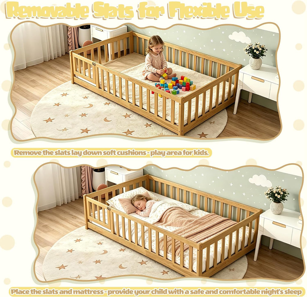 Montessori Twin Floor Bed Frame with Fence and Removable Door, Low Profile Twin Size Montessori Bed Frame for Kids