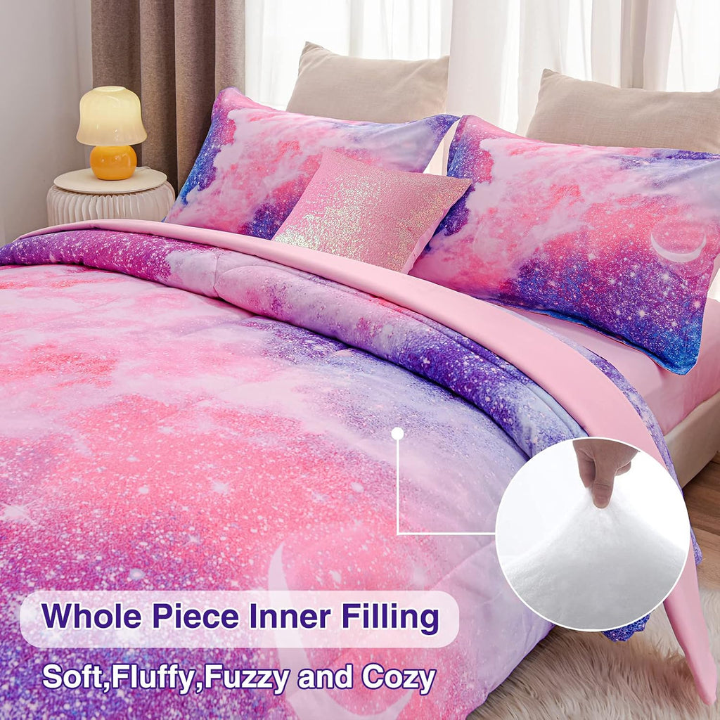 6Pc 3D Glitter Pink Bedding Galaxy Full Kids Comforter Sets