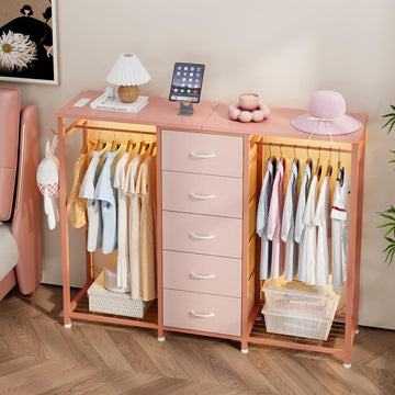 Dresser with Hanging Rack, 5 Drawer Chest with Charging Station & LED
