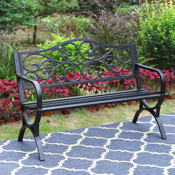 50 Inches Outdoor Garden Bench Cast Iron Metal Frame, Floral Black | E-Coating Anti-Rust Finish, Weatherproof Outdoor