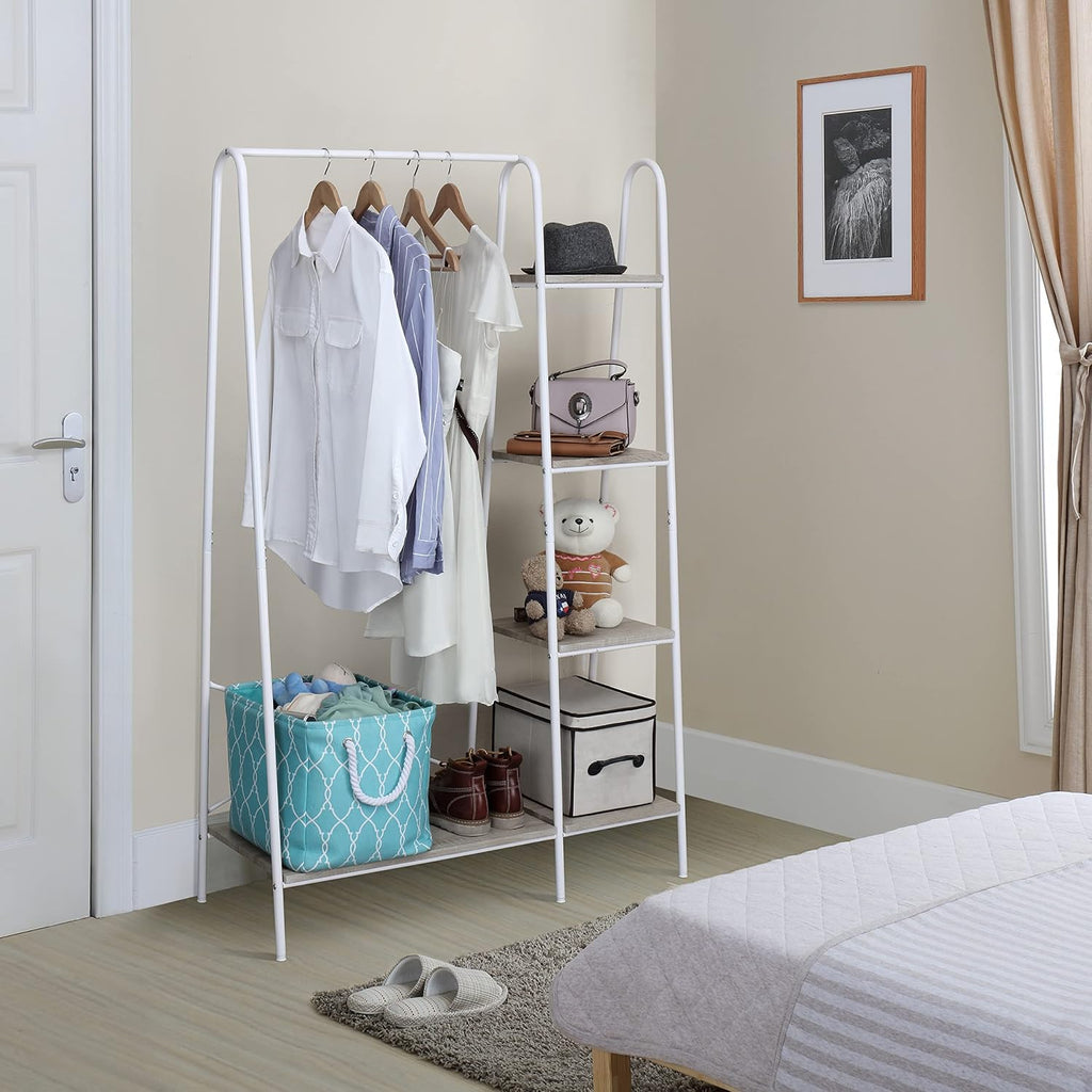 Metal Clothes Closet Rack, Clothing Rack for Hanging Clothes White Heavy Duty Garment Rack with 5 Wood Shelves