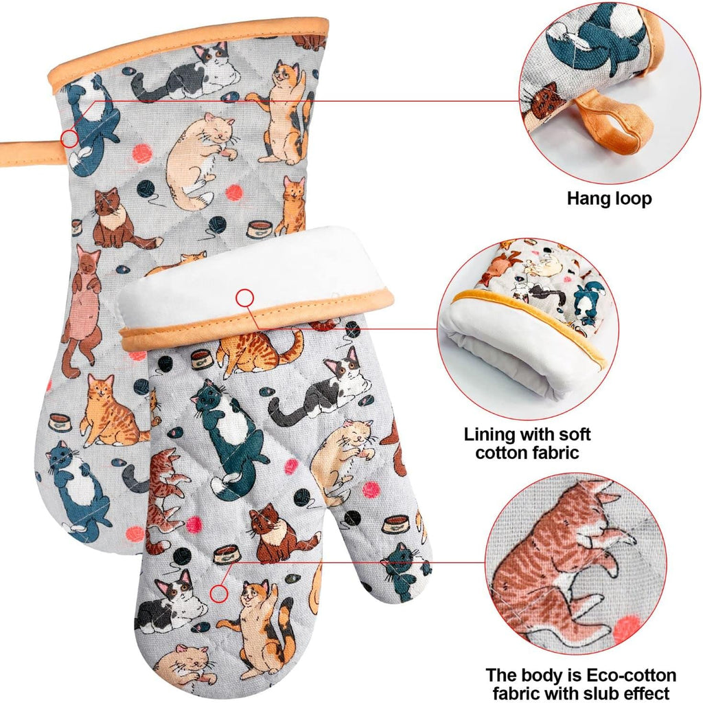 Oven Mitts and Pot Holders with Chef Apron,Kitchen Set of 5 | Heat Resistant Kitchen Gloves and Silicone Non-Slip