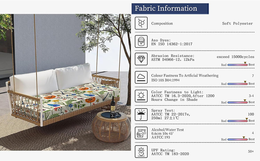 Outdoor Waterproof Bench Cushion 48 x 18 x 3 Inch with Ties | Water-repellent floral patio cushion Waterproof for