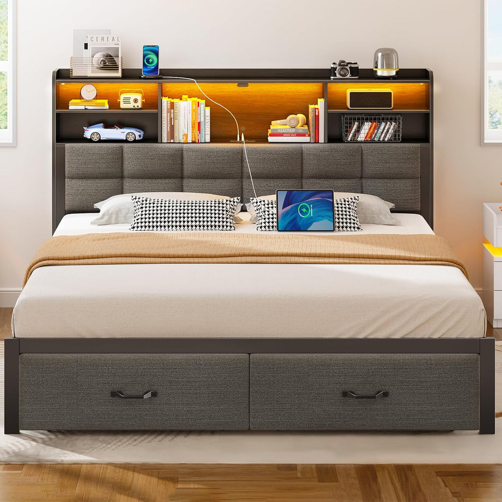 Bed Frame Full with Drawers and Charging Station, Upholstered Platform Bed with Storage Headboard and LED Light