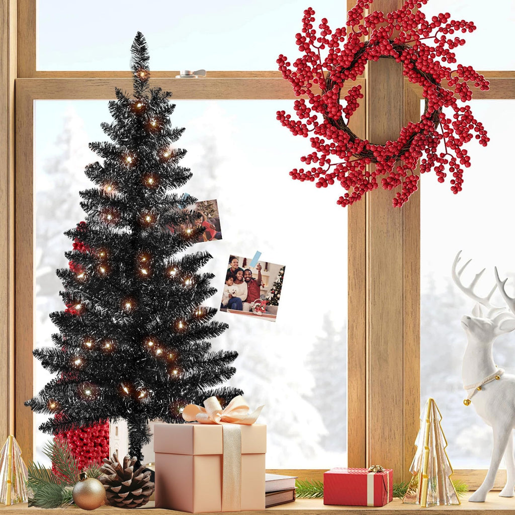 4ft Artificial Full Black Christmas Tree with Separate Lights, Not Pre-lit Mini Black Tinsel Pine Christmas Tree, 50