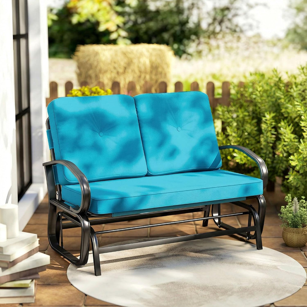 Outdoor Glider Bench 2-Person Patio Rocker Tufted Cushions Blue | Loveseat, Steel Frame, Porch, Garden Backyard