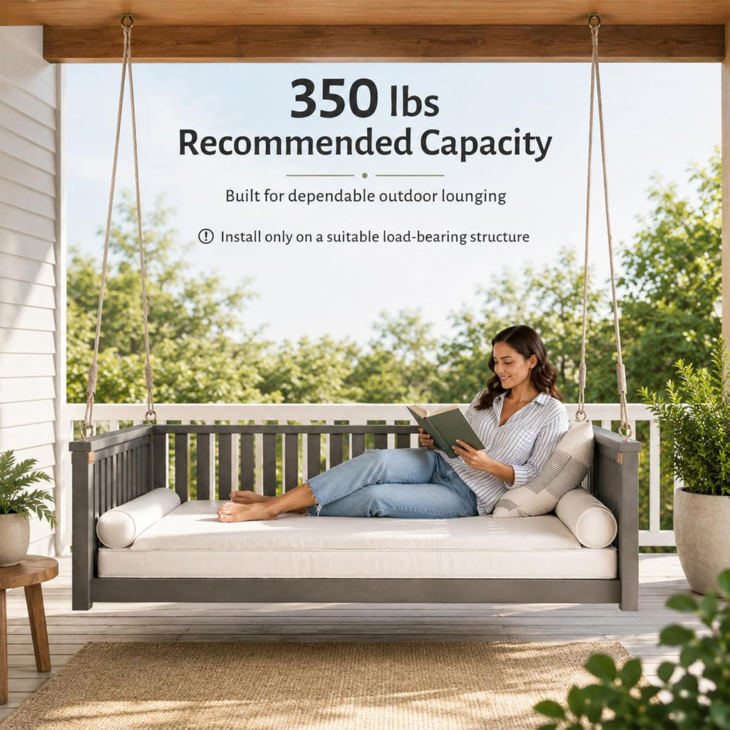 Outdoor Porch Swing Bed, Twin Size Acacia Wood Hanging Daybed with Hemp Ropes, Minimalist Patio Swing Bed for Garden