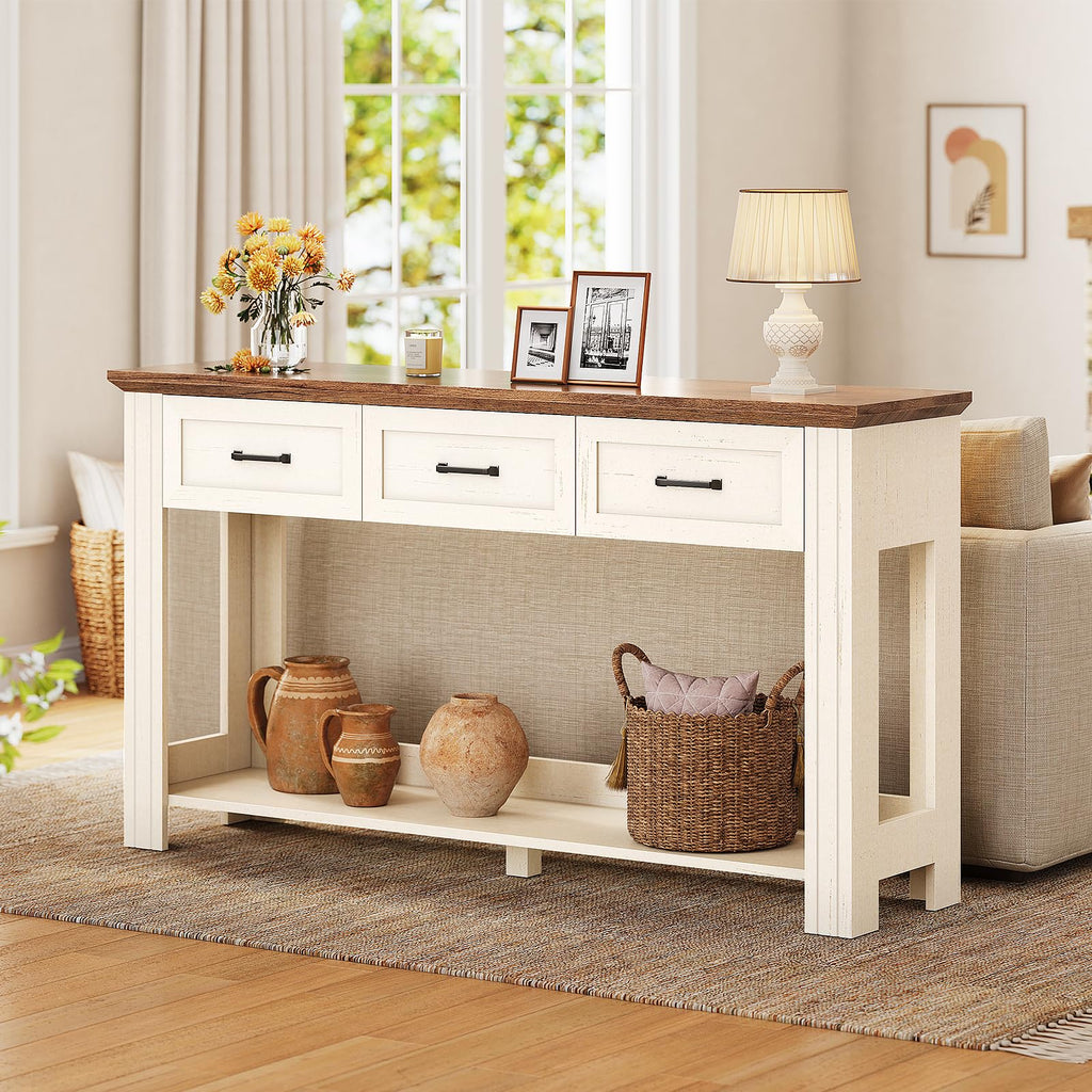 55" Farmhouse Console Table with 3 Drawers, Rustic Entryway Table