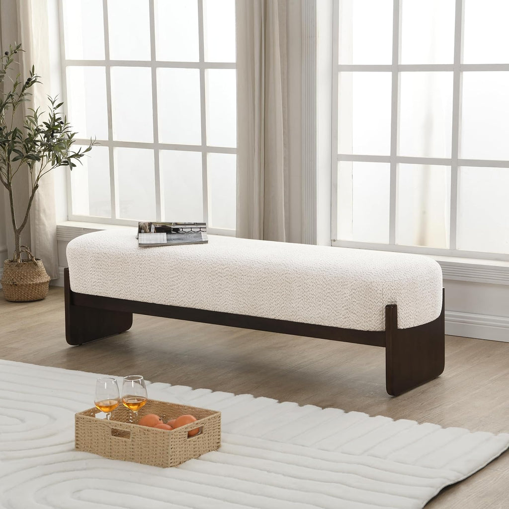 Arden Minimalist Style Rectangular Loop Yarn Fabric Ottoman Bench, Rubberwood Frame, Entryway Bench, Living Room Sofa