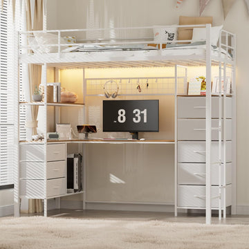 Twin Loft Bed with Desk, LED Lights, Charging Station
