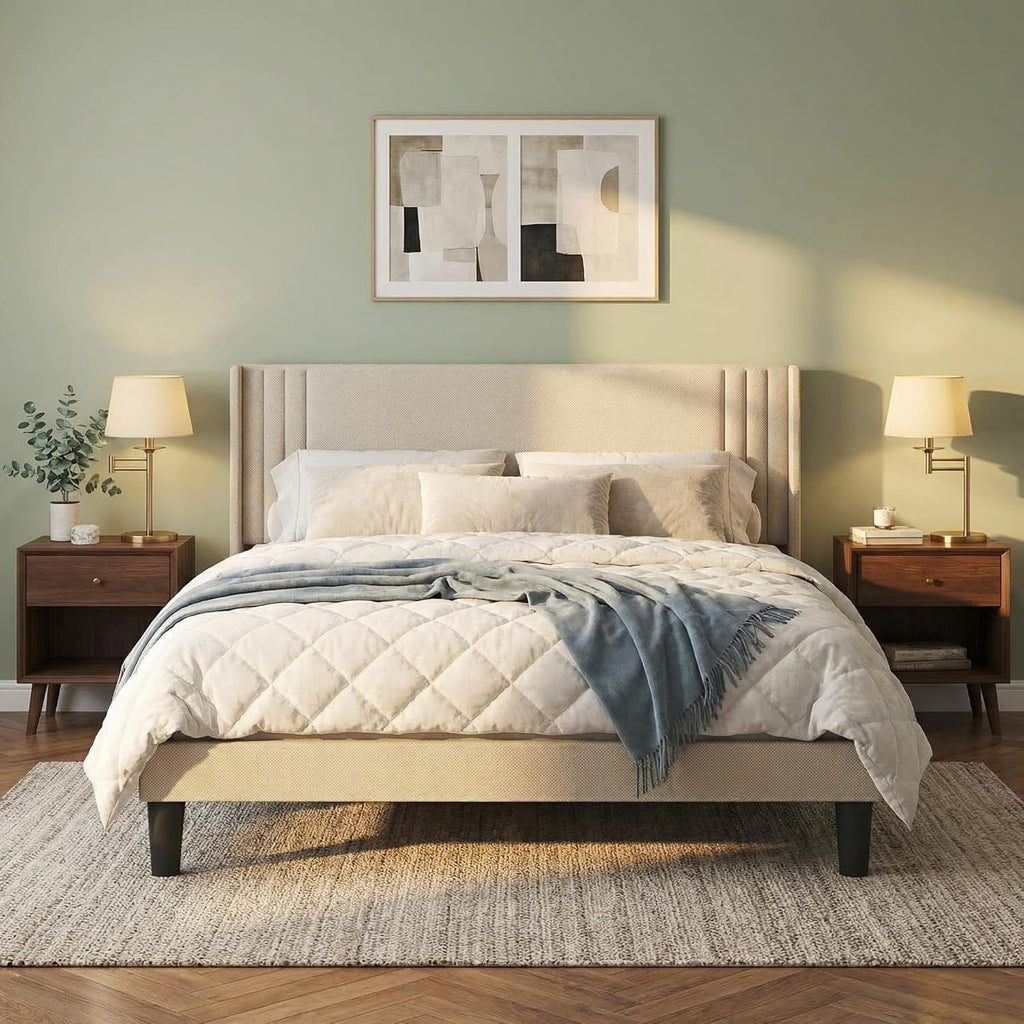 Queen Bed Frame with Wingback Headboard, Upholstered Platform Bed, Wooden Slats, Noise-Free, No Box Spring Needed