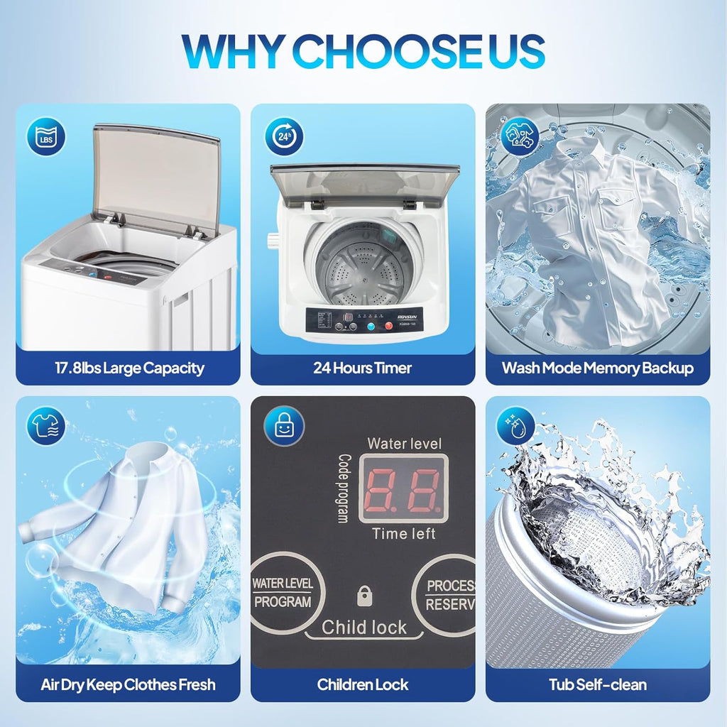 17.8LBS Portable Washing Machine, Full-Automatic Electric Laundry Machine with Stainless Steel Drum, Compact Washer
