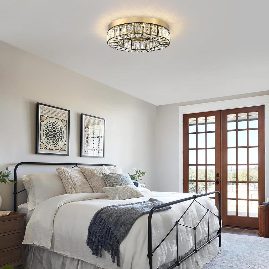 Crystal LED Flush Mount Ceiling Light Fixtures Modern Black and Gold LED Chandelier Lighting for Kitchen Closet