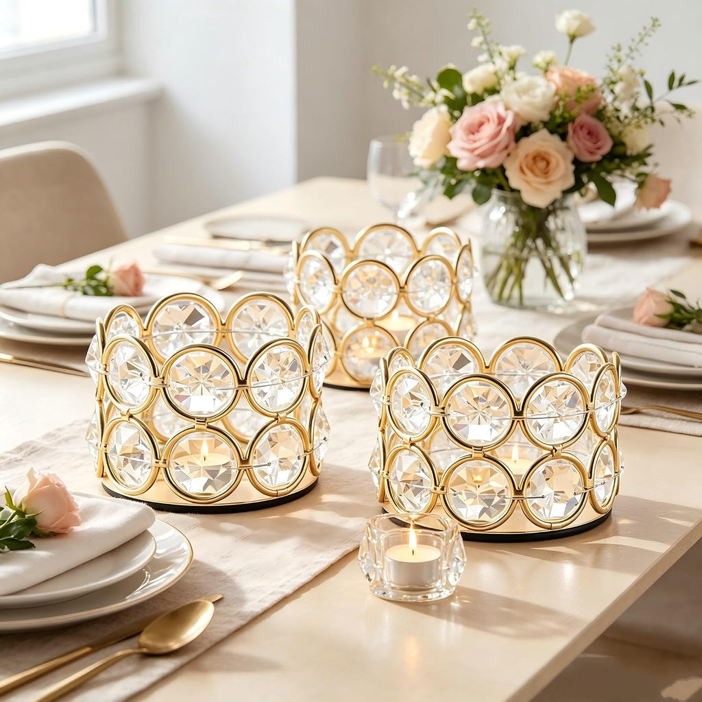 Pack of 12 Gold Crystal Tea Light Candle Holders for Wedding | Home Table Centerpiece Decoration,Halloween Christmas