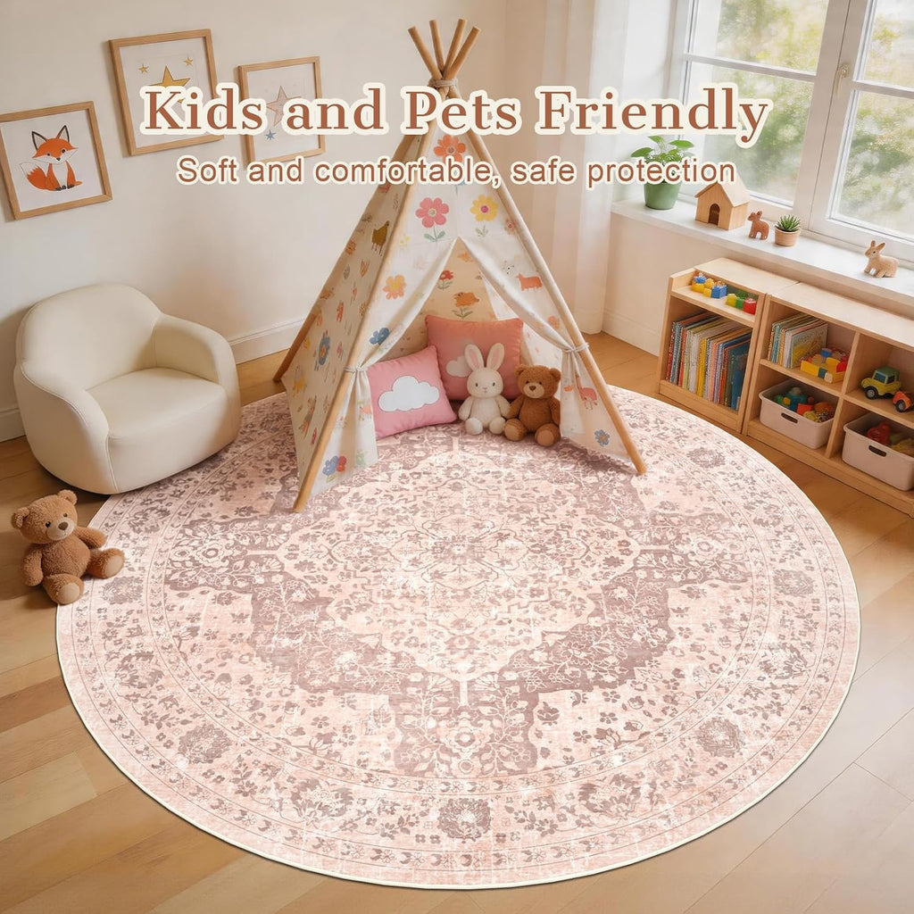 Boho 8ft Vintage Washable Round Area Rug, Soft Non-Slip Large Round Indoor Rug, Thin Distressed Oriental Carpet
