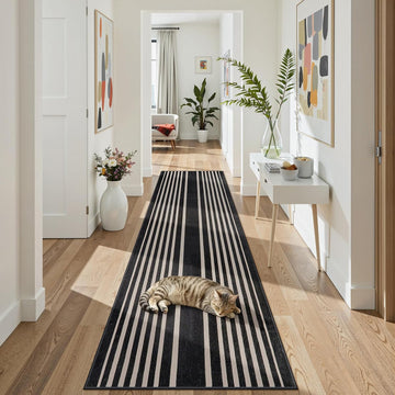 Black and White Striped Runner Rug, Washable Geometric Rugs, Non Slip Rubber Backing Indoor Runner Rugs Modern